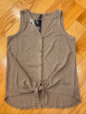 IWOLLENCE Taupe waffle Knit Vnexktie front sleeveless top